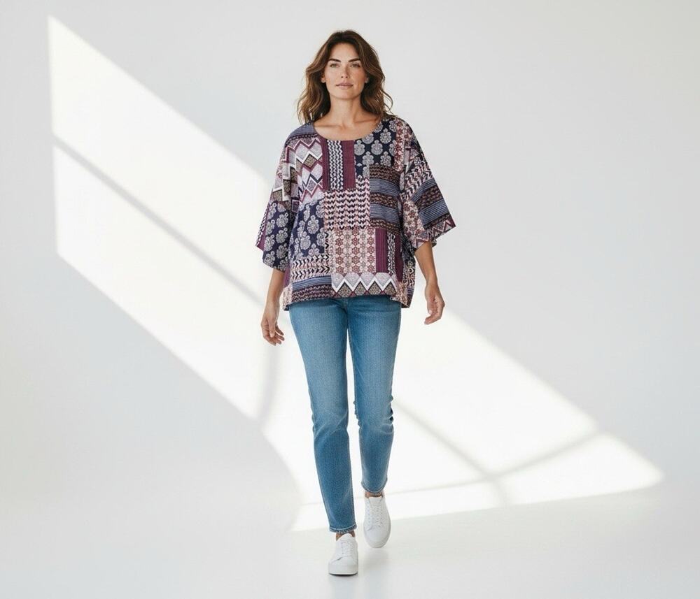 J Jill Shirt Patchwork Boxy Size M/L Oversized Organic Cotton Boho Artsy New